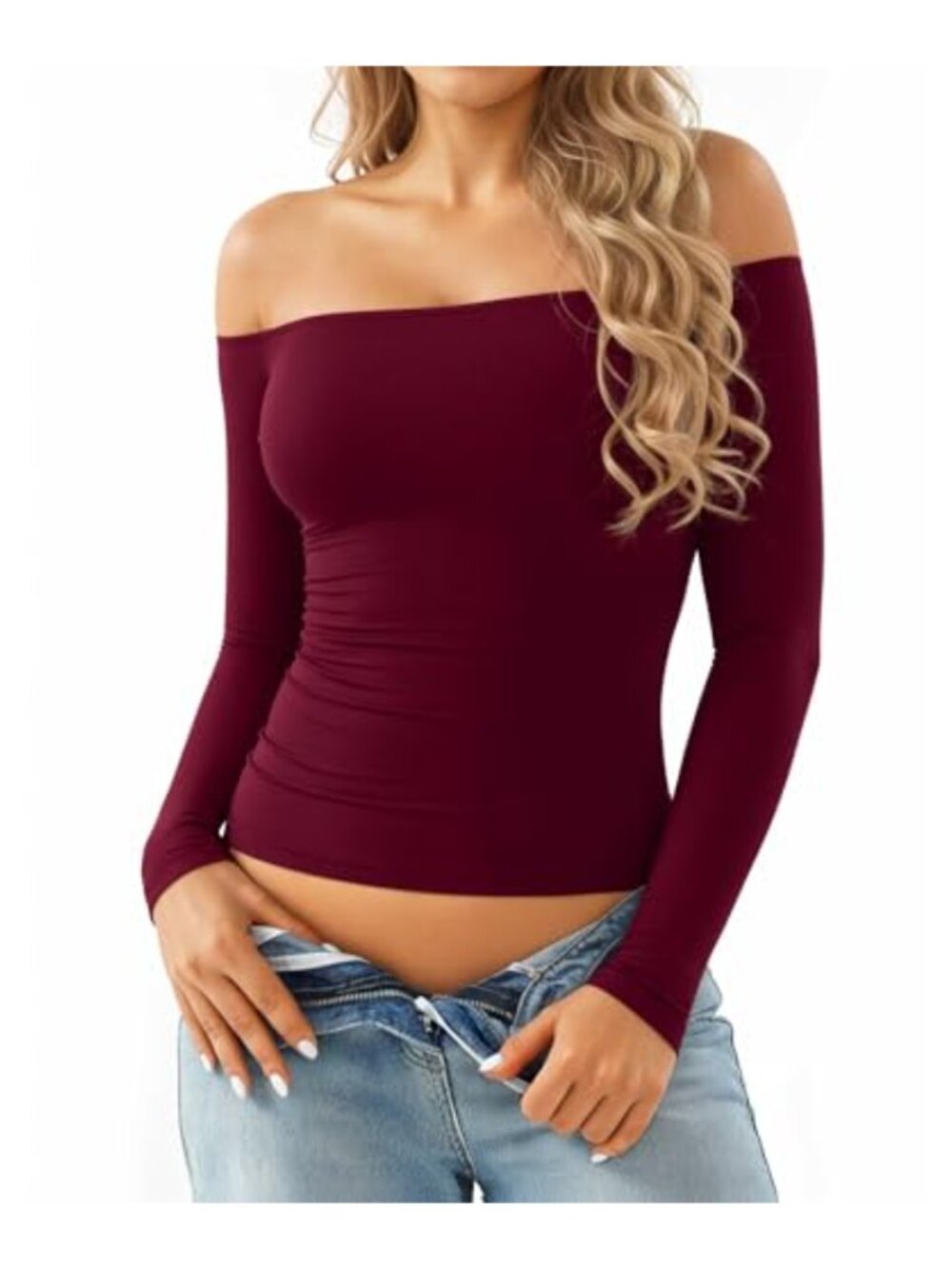 Off Shoulder Long Sleeve Top Slim Fitted Stretchy Cotton Blend Women's Tee